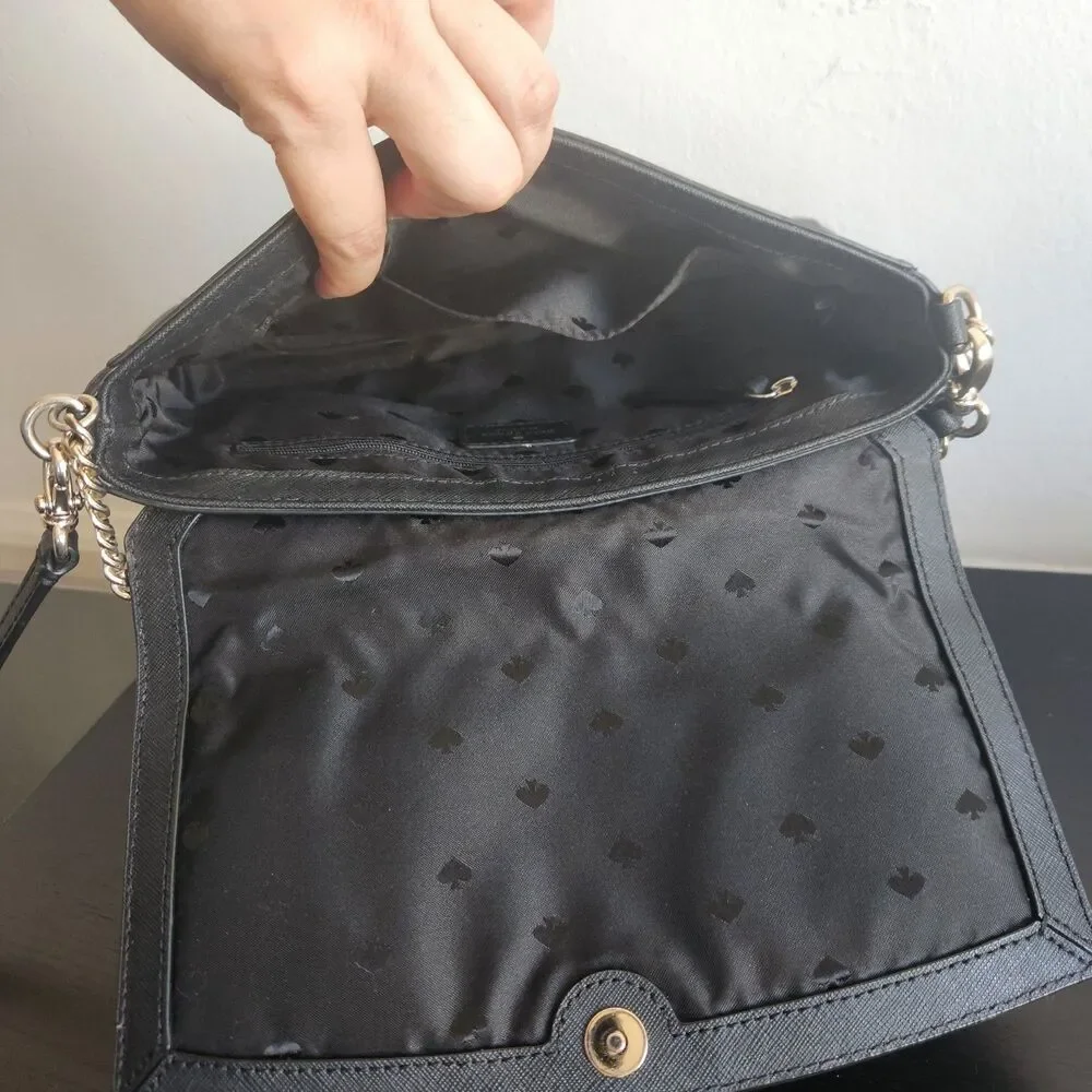 Kate Spade New York Black Saffiano Leather Shoulder Bag Chain Link Accents luxe